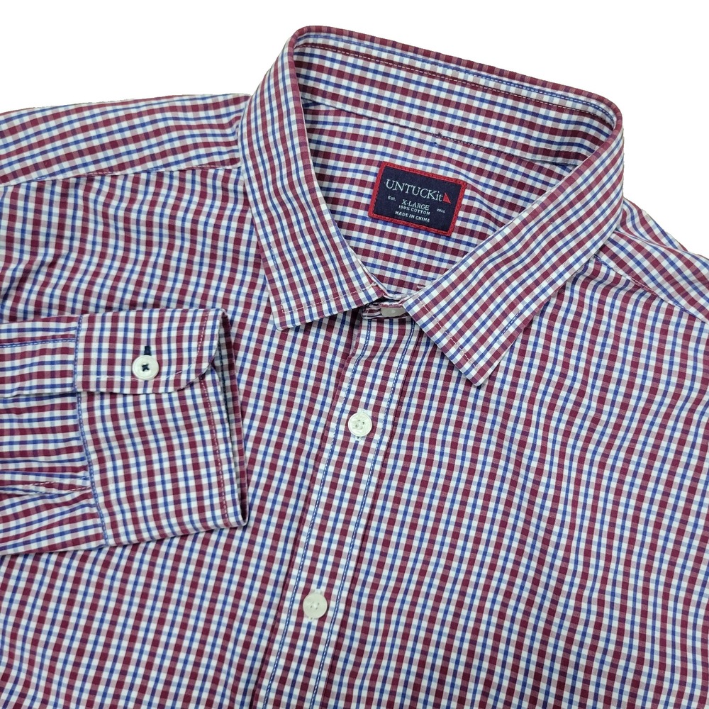 Untuckit Mens XL Red White Blue Plaid Button Up Long Sleeve 100% Cotton